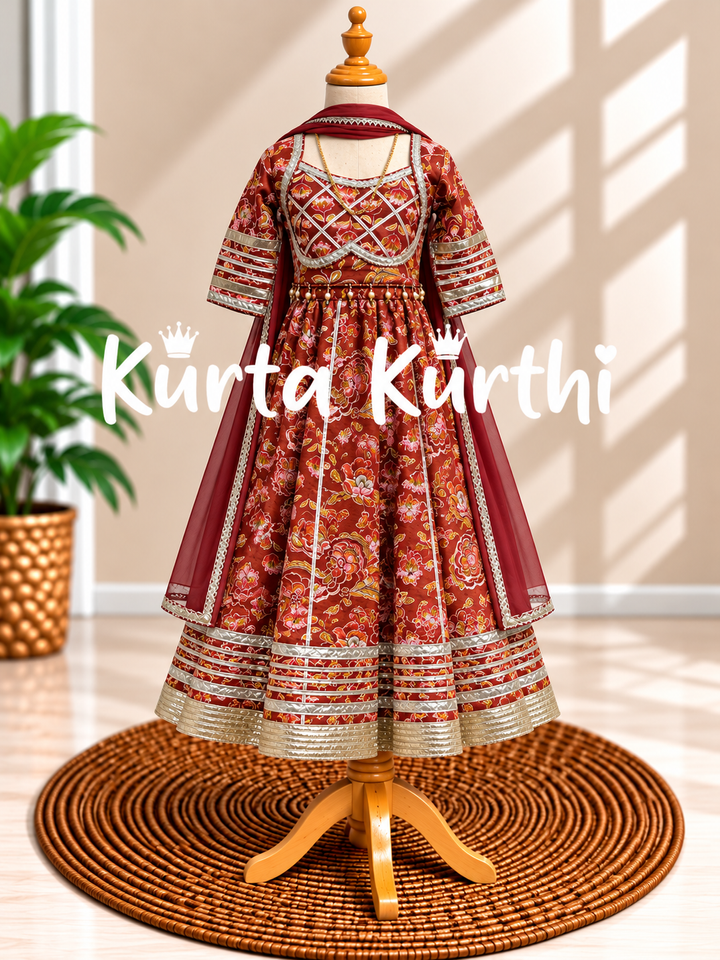 Maroon Floral Lehenga on Wooden Mannequin