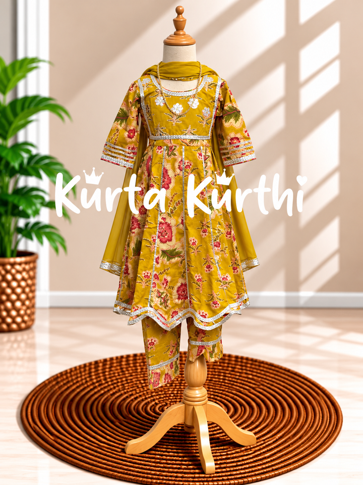 Mustard Floral Kids’ Kurta Set