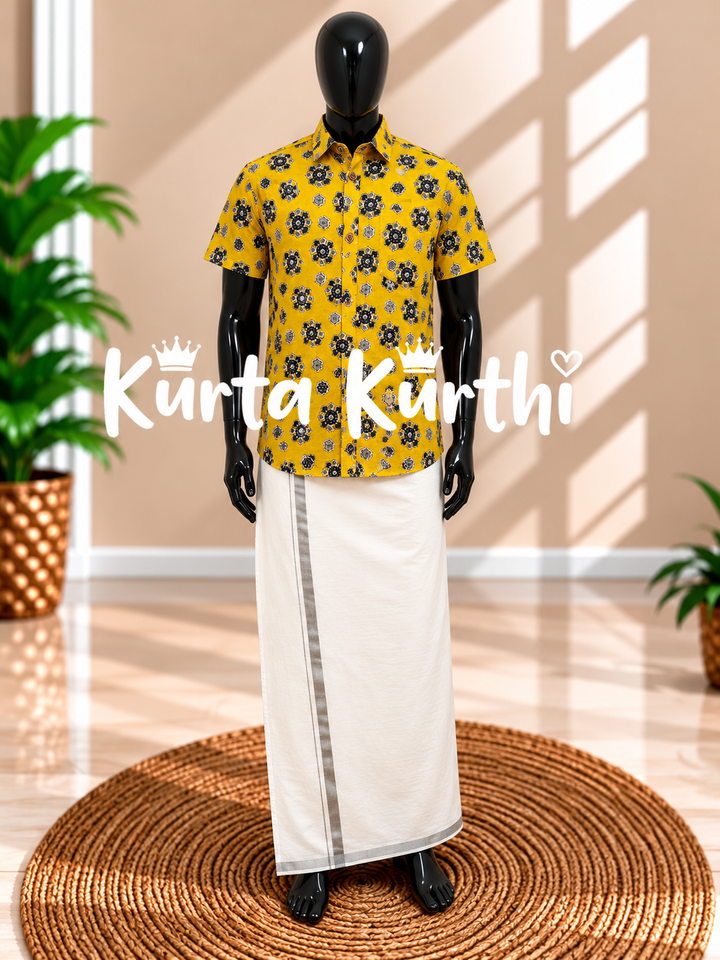 Mustard Floral Shirt and White Dhoti Mannequin