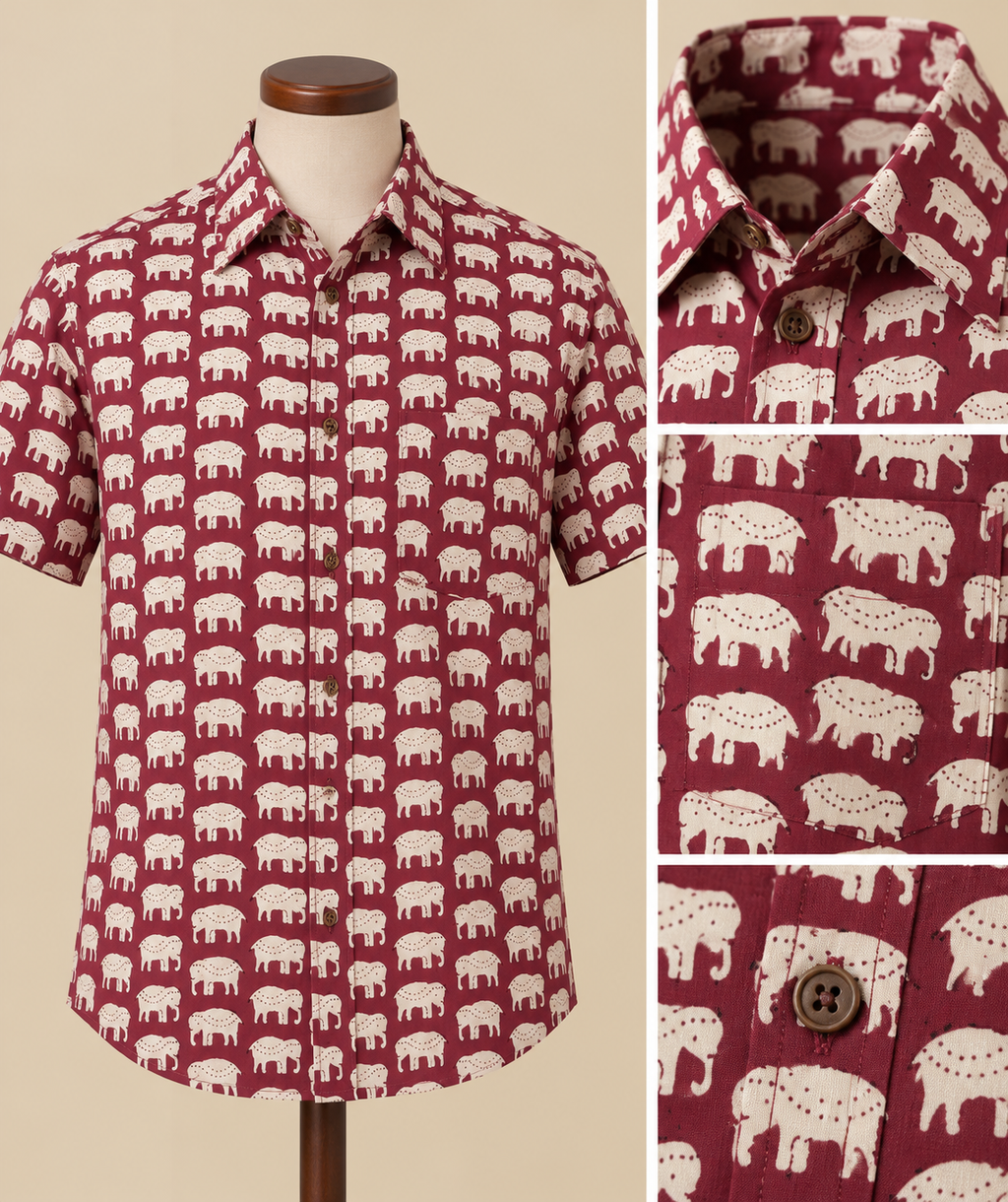 Burgundy Elephant Print Shirt Catalog