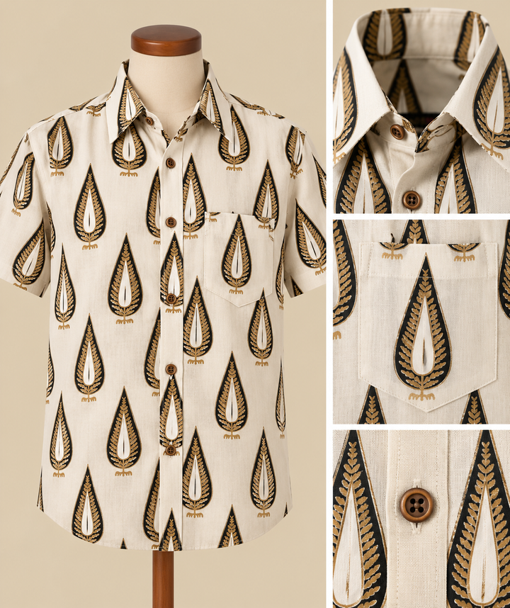 Cream Leaf-Print Shirt Detail Display
