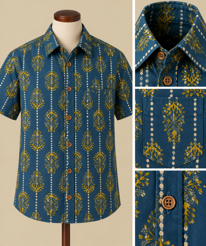Teal Botanical Batik Shirt Detail Collage