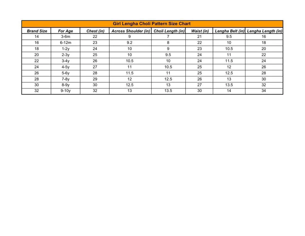 Girl Lengha Choli Pattern Size Chart  - Sheet1.pdf