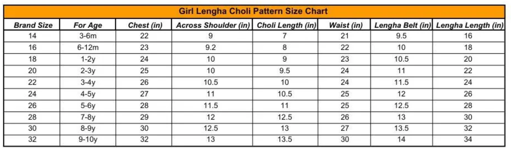 Girl Lengha Choli Pattern Size Chart