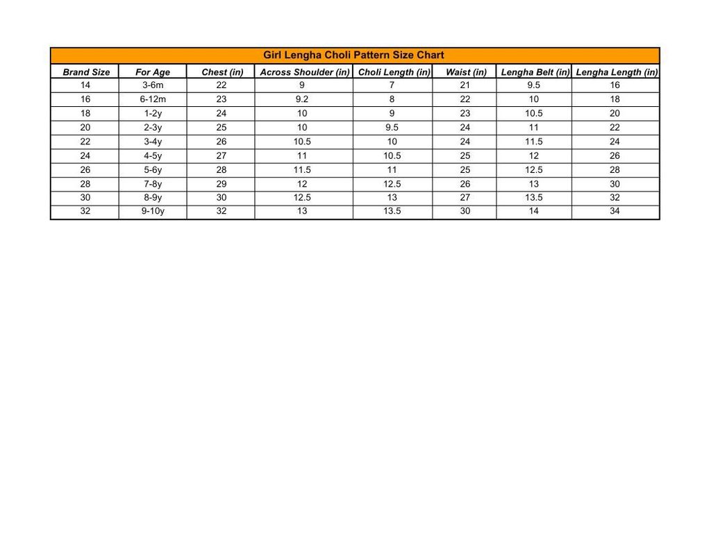 Girl Lengha Choli Pattern Size Chart  - Sheet1.pdf