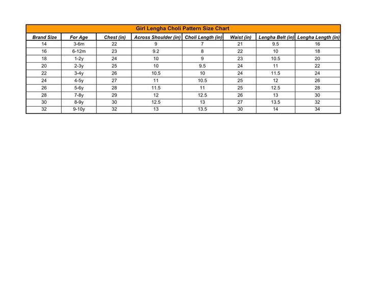 Girl Lengha Choli Pattern Size Chart  - Sheet1.pdf