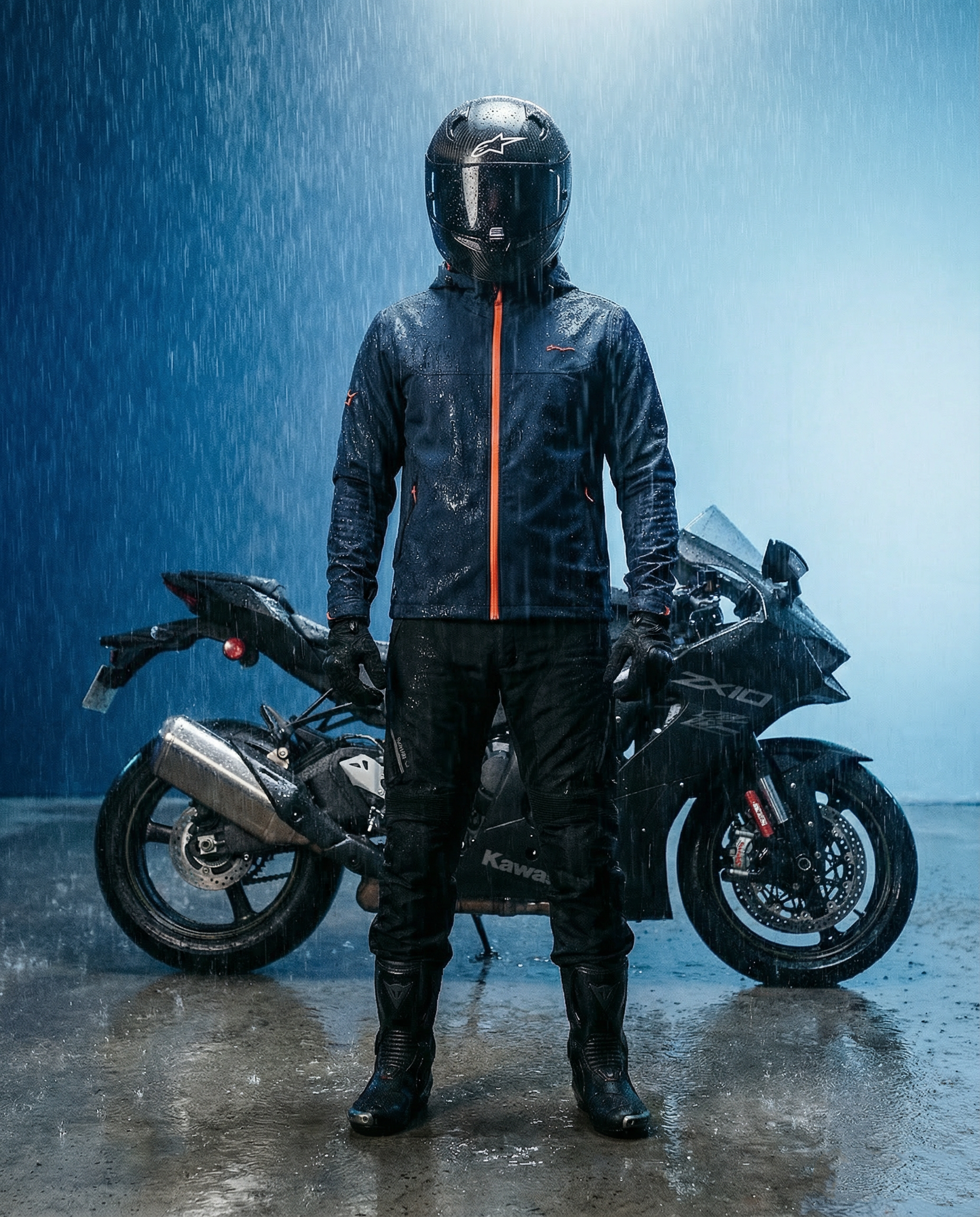 Generated with Kive.ai - wear by 35 years old man_ handsome_ athletic body. He stand firmly in front of Kawasaki Zx10 2026 Black Matte colour. Heavy rain to show the jacket material is waterproof. He wears Alpinestars Supertech carbon fibre