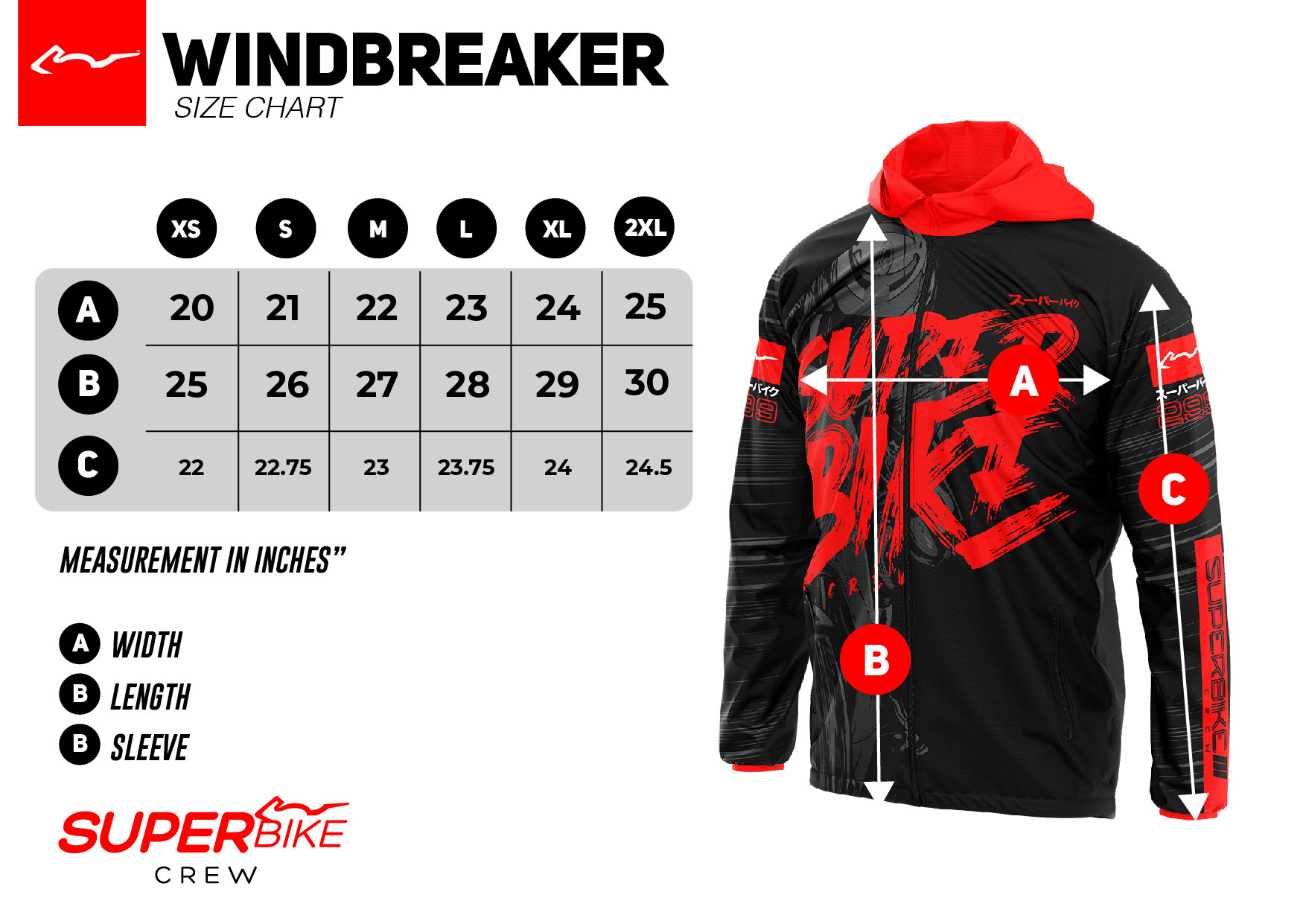 SIZE CHART WINDBREAKER