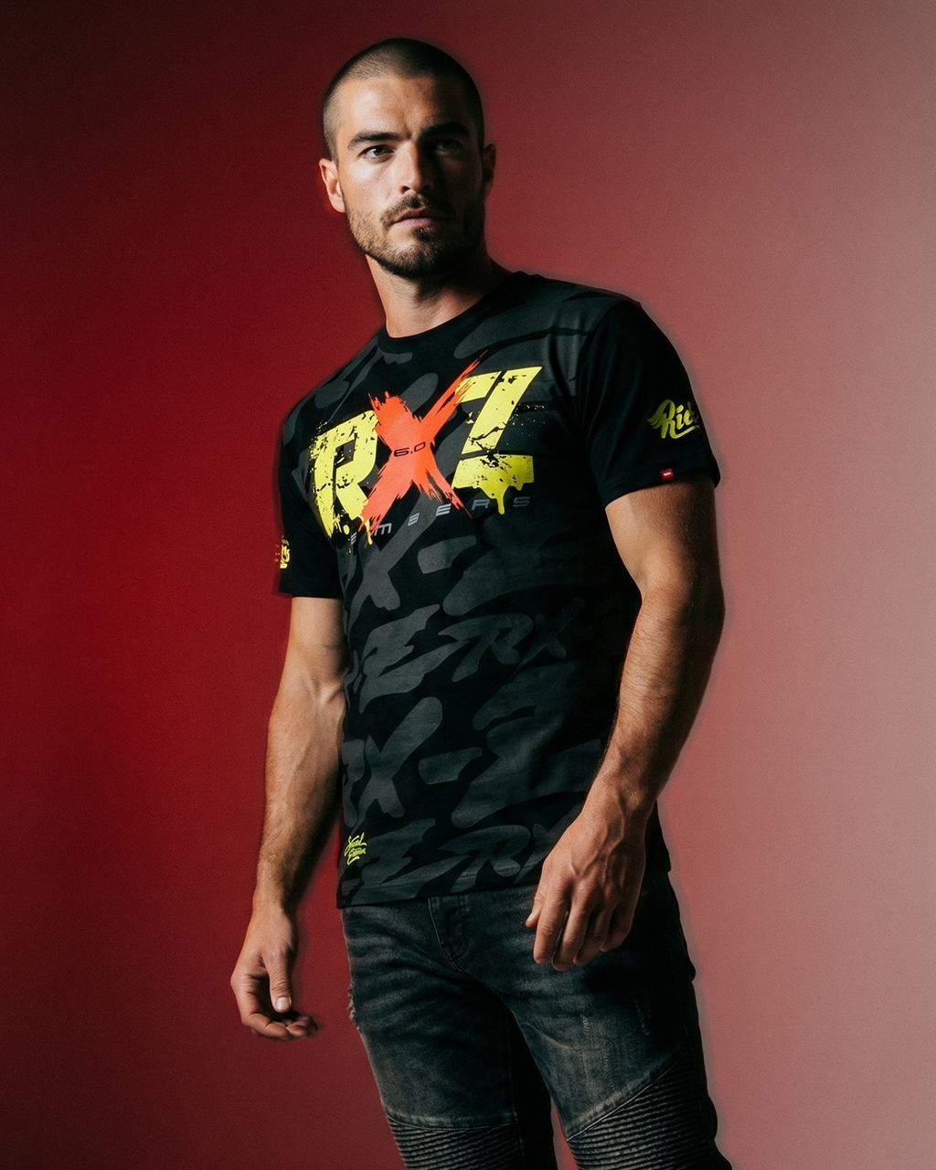 Generated with Kive.ai - wear (frontdesign)..100% Cotton. Silkscreen Printing. RUbber dye. Biker jeans. Dainese Axial Black Boot. Contrapposto pose. Ultra realistic. Half Body.-3