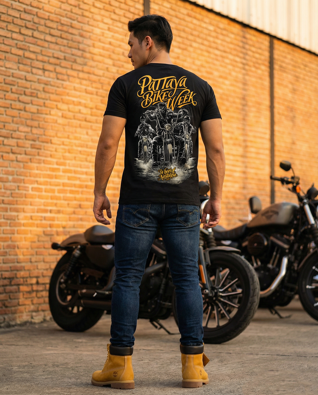 Generated with Kive.ai - handsome men 25 years old wear tshirt tshirt (back design). wear jeans & timberland boot. premium color grading.