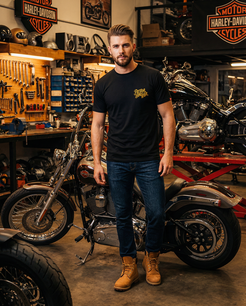 Generated with Kive.ai - handsome men 25 years old wear tshirt tshirt (front design). wear jeans & timberland boot. premium color grading. harley davidson motorcycle garage as background.