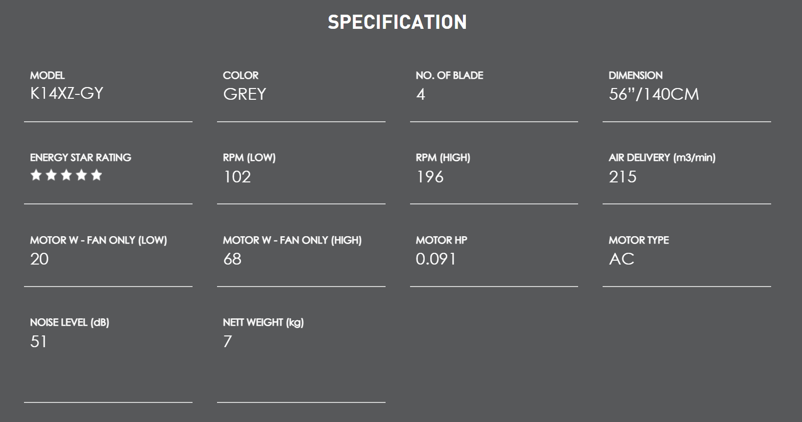 KDK K14XZ-GY SPECS