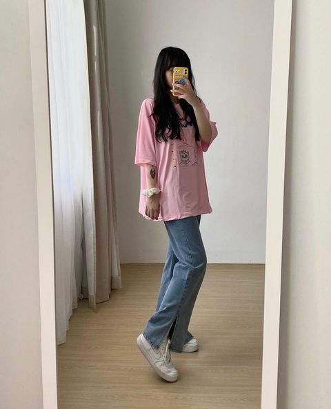 Printed Twill Jeans with Hem Slit
