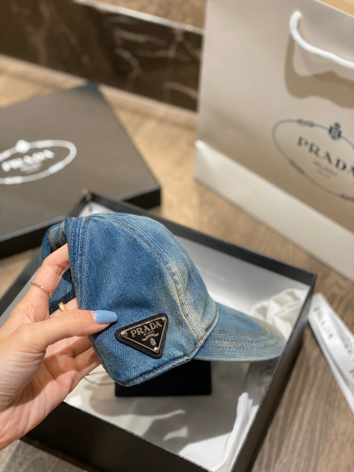 PRADA PLATE DENIM BASEBALL CAP デニムキャップ L Prada logo-patch Denim Baseball Cap | Blue | FARFETCH