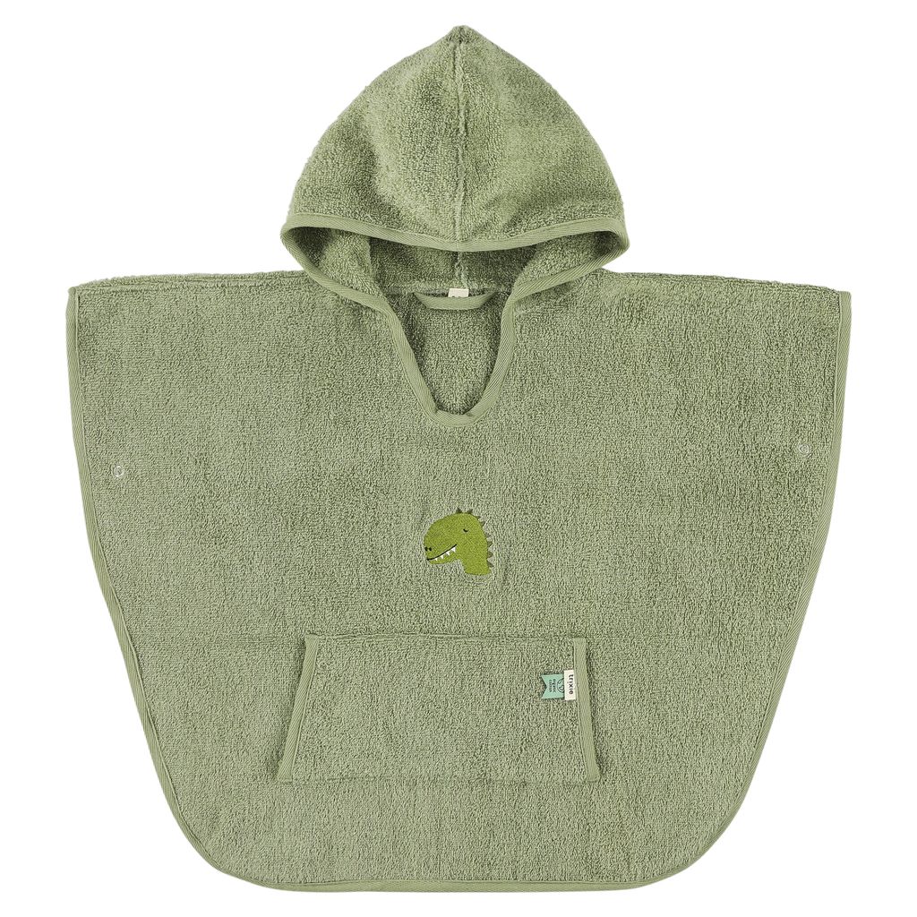 動物刺繡有機棉連帽斗篷-威力恐龍-白底商品圖 (1)-修正位置顏色