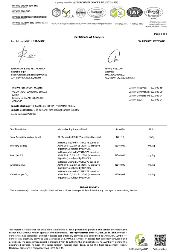 TEST REPORT THE PASTELS SHOP HA HYDRATING SERUM (BN P26F027)
