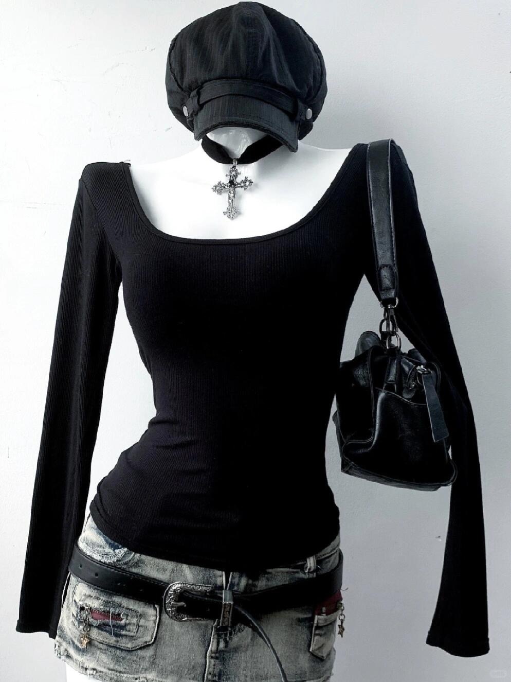 黑色方领露背长袖T恤🌸vintage 古着穿搭_2_猫予姬_来自小红书网页版