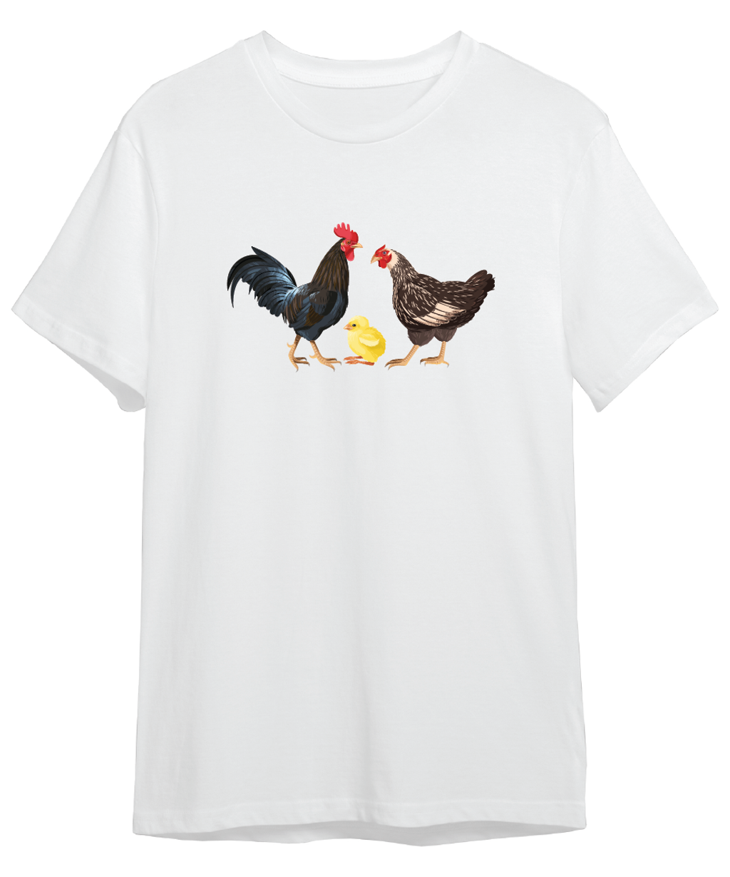 white t-shirt Chicken Rooster & family