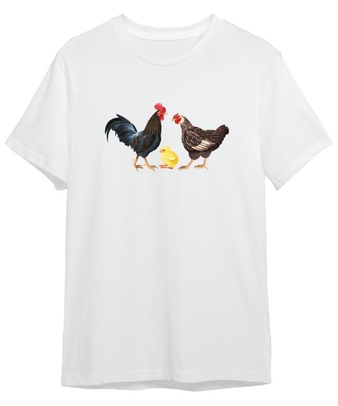 white t-shirt Chicken Rooster & family