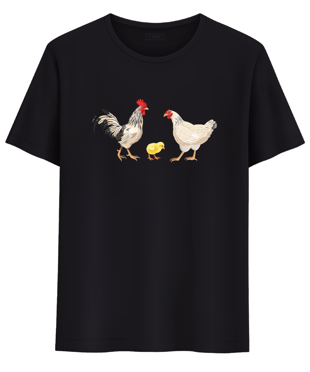Black t-shirt chicken Rooster & family