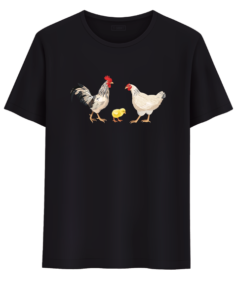 Black t-shirt chicken Rooster & family
