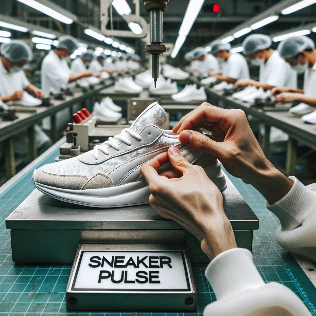 DALL·E 2023-10-10 22.11.59 - Photo capturing the moment a sneaker receives its final touches in a manufacturing setting. Close-up of hands carefully placing the shoe's logo. In th