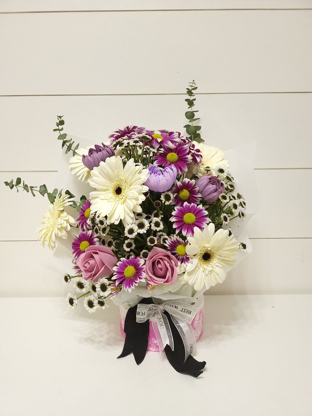 Chrysanthemum Haydar, White GerberasIts, Ying Yang White Chrysanthemums Flower and Miniature roses bouquet