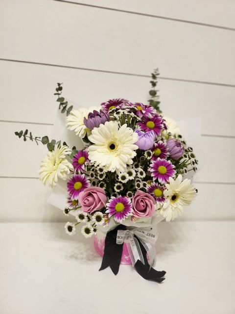 Chrysanthemum Haydar, White GerberasIts, Ying Yang White Chrysanthemums Flower and Miniature roses bouquet