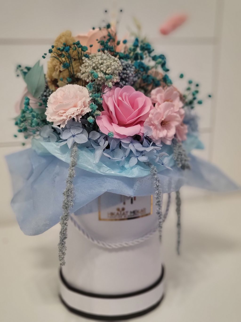 Cool Blue With Pink Preserved Flower Bouquets