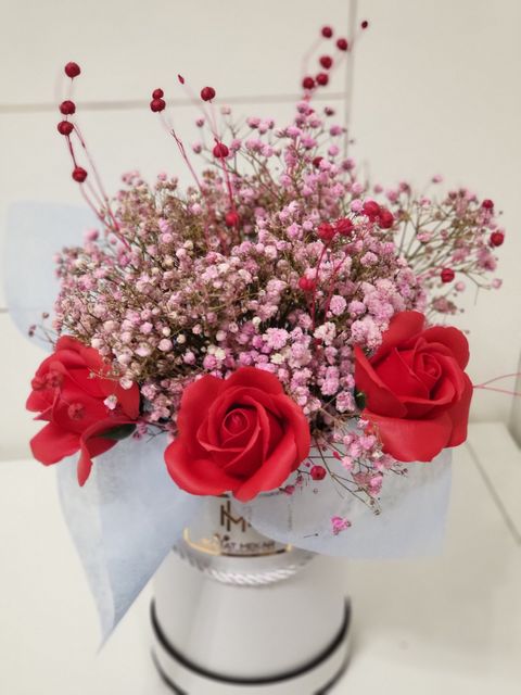 3 Red Roses with Pink Baby Breath bouquet