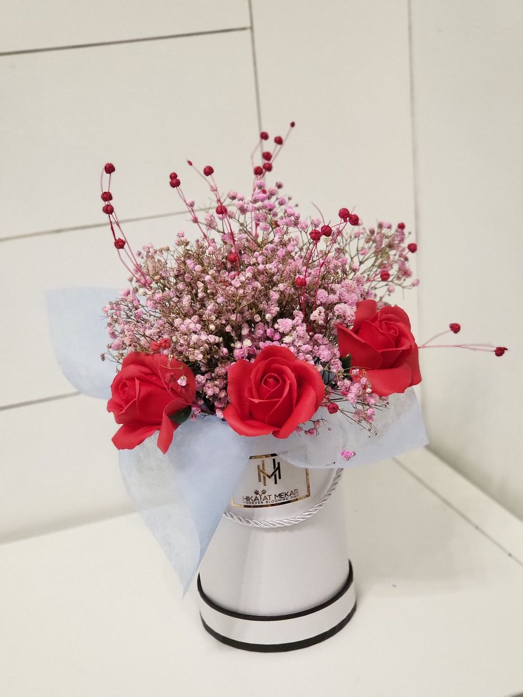 3 Red Roses with Pink Baby Breath bouquet