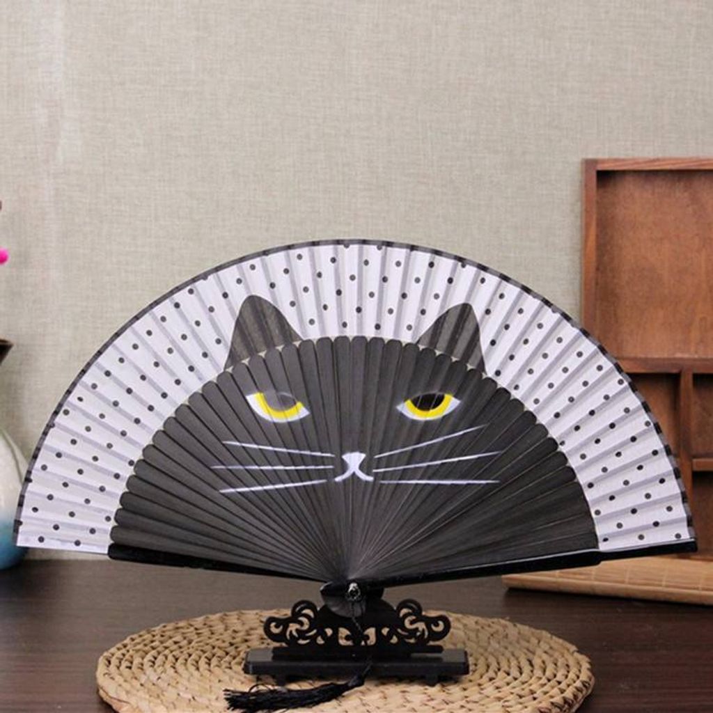 貓咪扇子 真絲折扇 日式工藝扇 卡通女士折扇 開學季