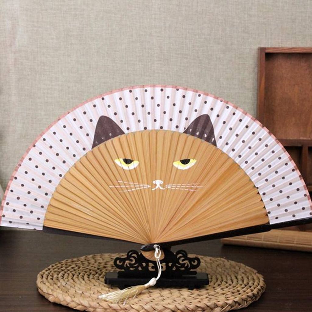 貓咪扇子 真絲折扇 日式工藝扇 卡通女士折扇 開學季