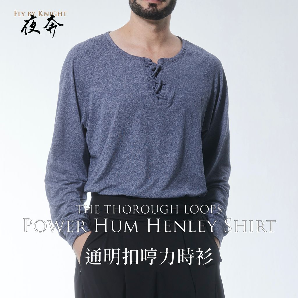 ◆bowlow◆ Panel henley neck t-shirt navy Thorough Loops Power Hum Henley Shirt (BLUE) – FBK Design