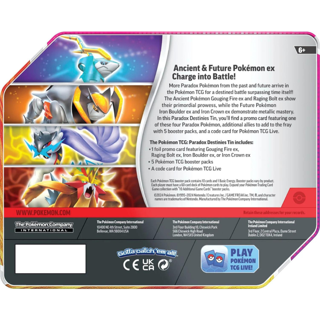 Pokemon TCG Fall 2024 Paradox Destinies 7 Inch Tin Back