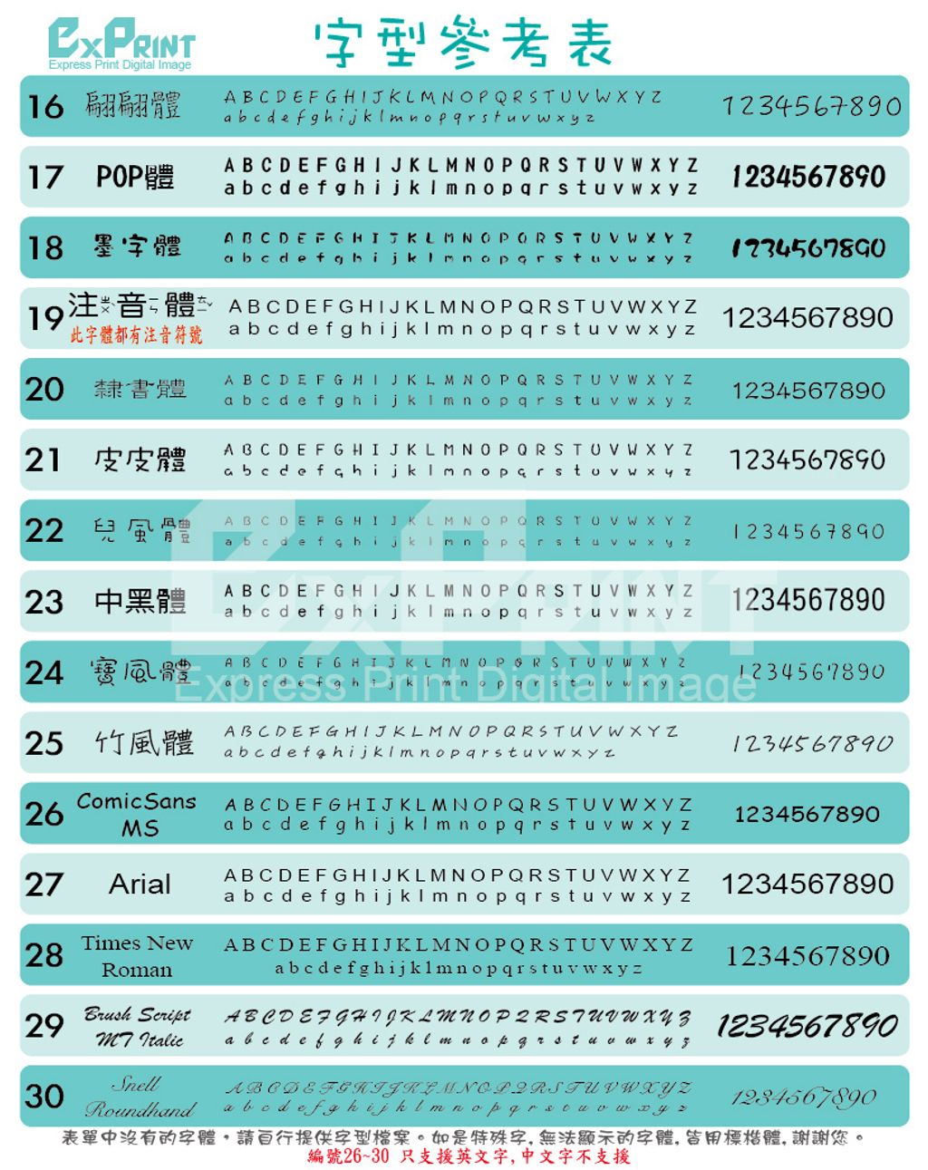 字型表02