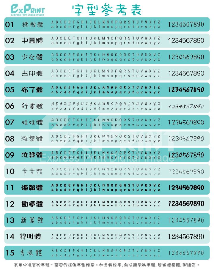 字型表01