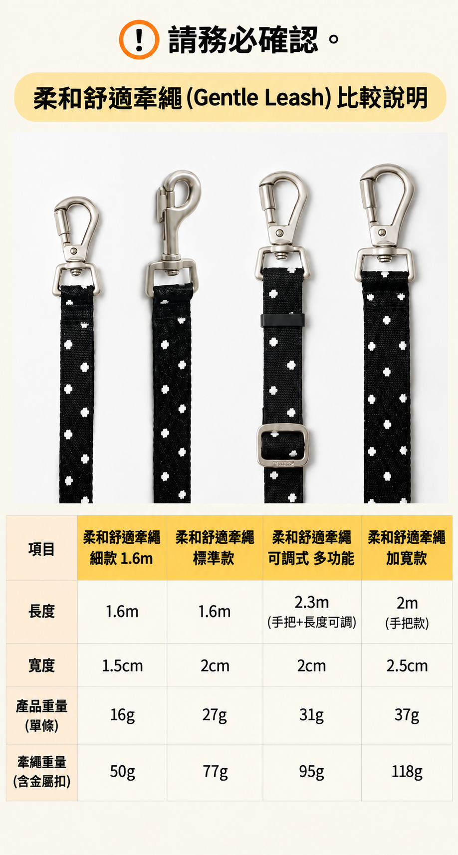 柔和舒適牽繩規格比較圖