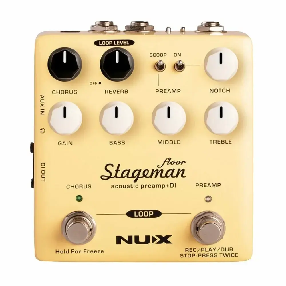 Nux Stageman Floor 木吉他效果器，正面旋鈕與按鈕操作視圖