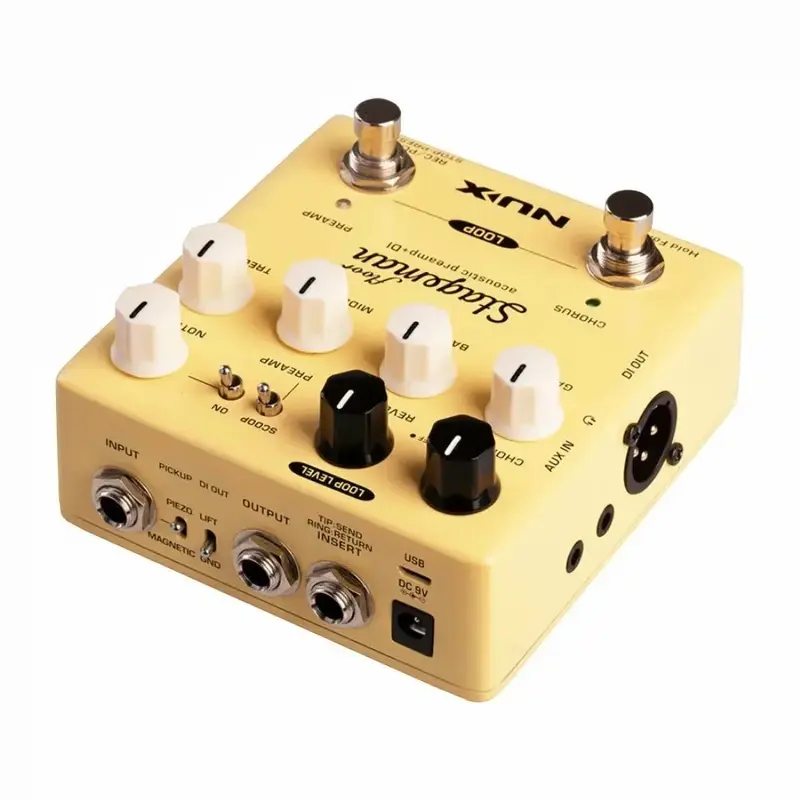 Nux Stageman Floor 斜側俯視圖，展示功能旋鈕與輸出介面
