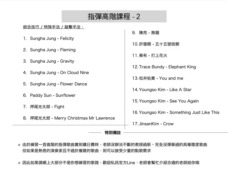 指彈高階課程第二部分，囊括多首經典曲目與特殊技巧訓練