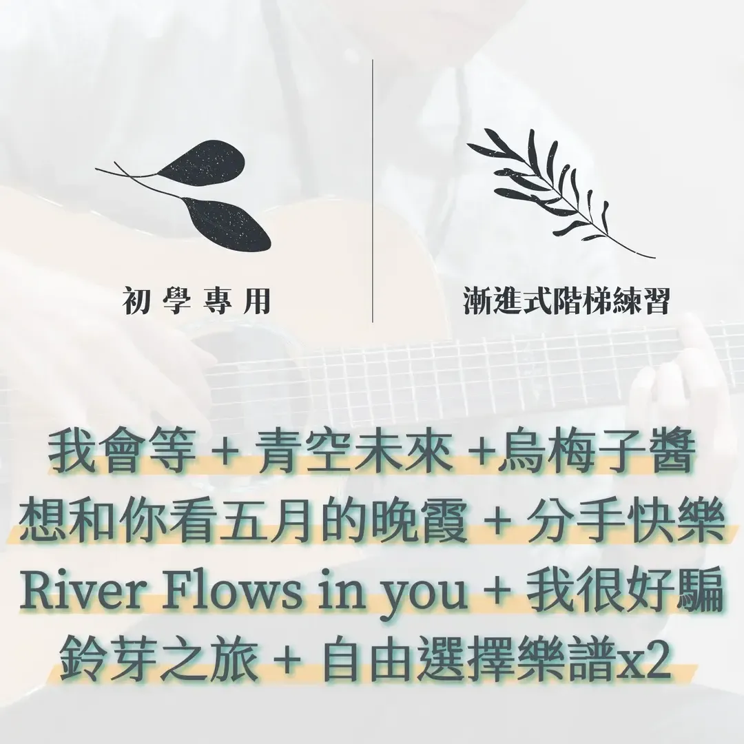 專為初學者設計的指彈樂譜套組，包含 River Flows In You、想和你看五月的晚霞、分手快樂、五月天等十首
