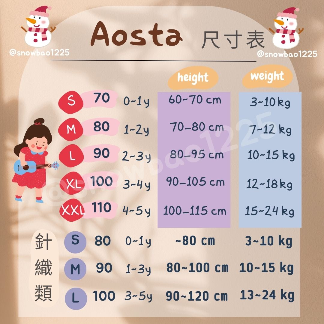 Aosta 參考尺寸表