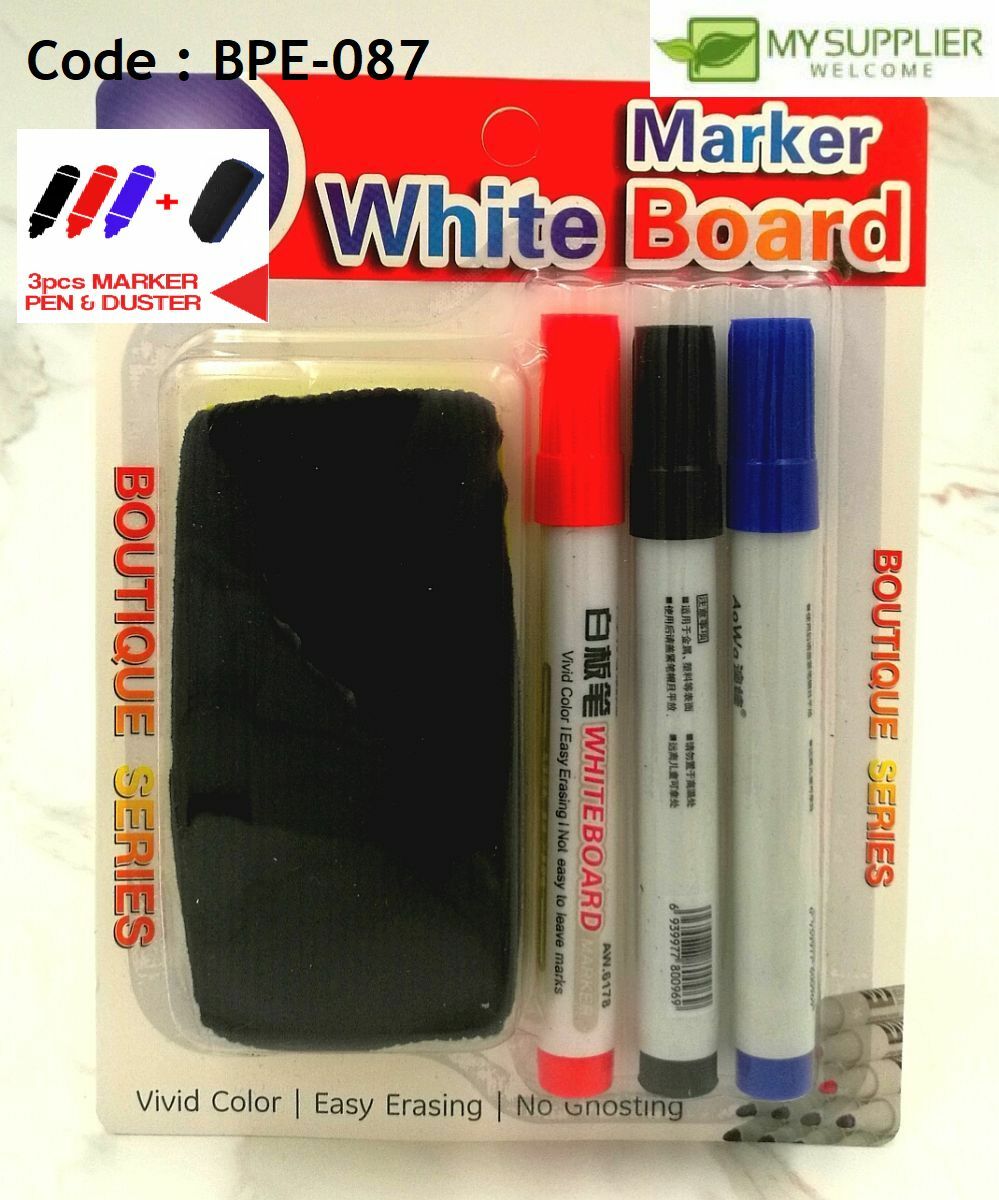 BPE-087 1 SET 3pcs Mix Colour White Board Marker Pen and 1pcs Duster –  pembekal barang rm2 dan serbaneka.Pemborong barang rm2.wholesale product  rm2 shop dan serbaneka
