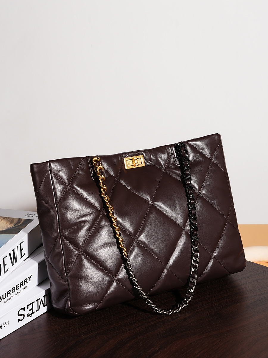Elegant Quilted Leather Chain Tote Bag – Coffee