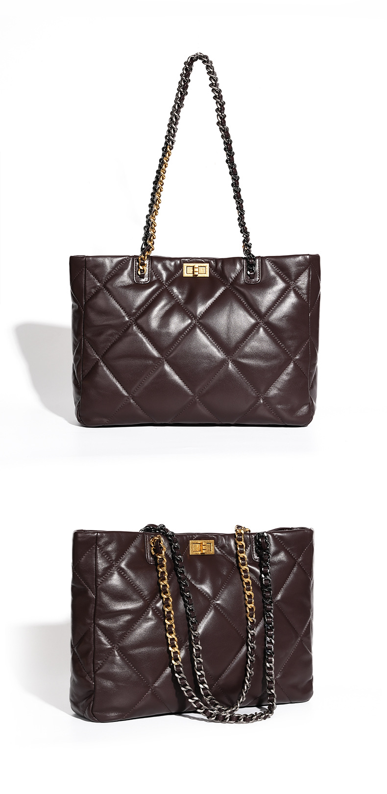 Elegant Quilted Leather Chain Tote Bag in Coffee – Front and Angled View