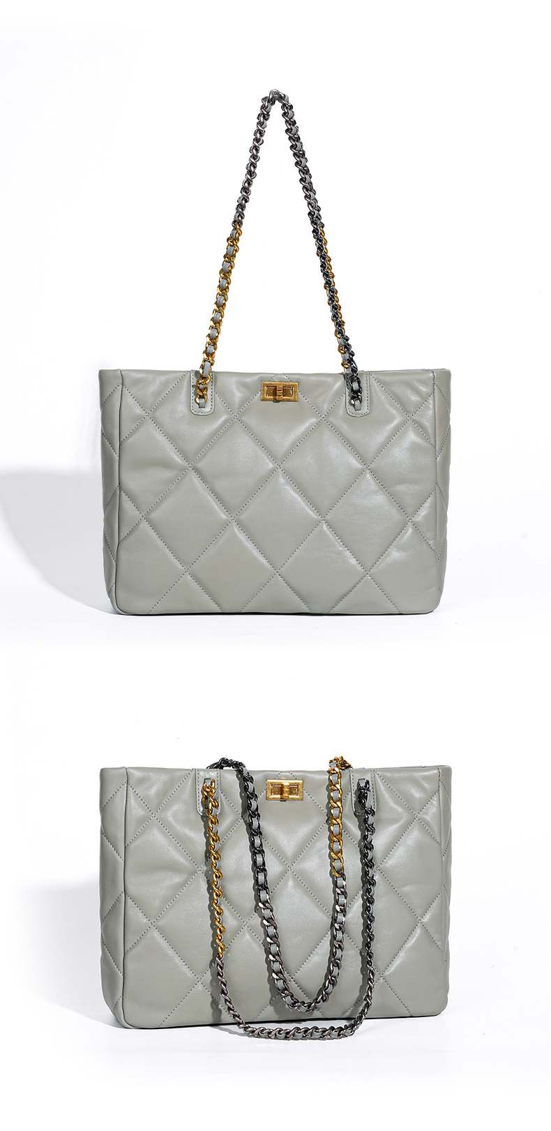 Elegant Quilted Leather Chain Tote Bag in Haze Blue – Front and Angled View