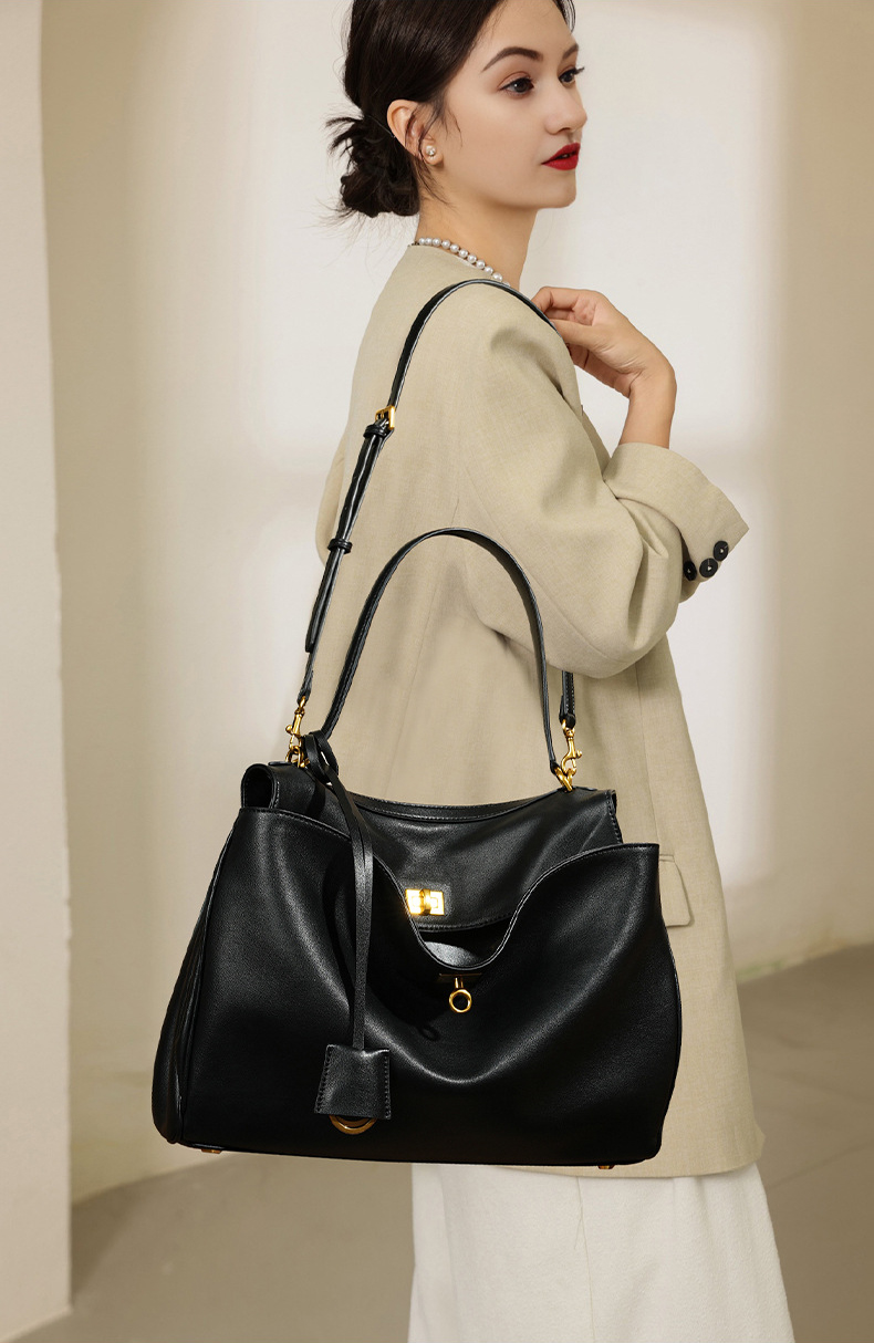Model showcasing Premium Rodeo Genuine Leather Top Handle Tote Bag in Black (Gold-Tone Lock)