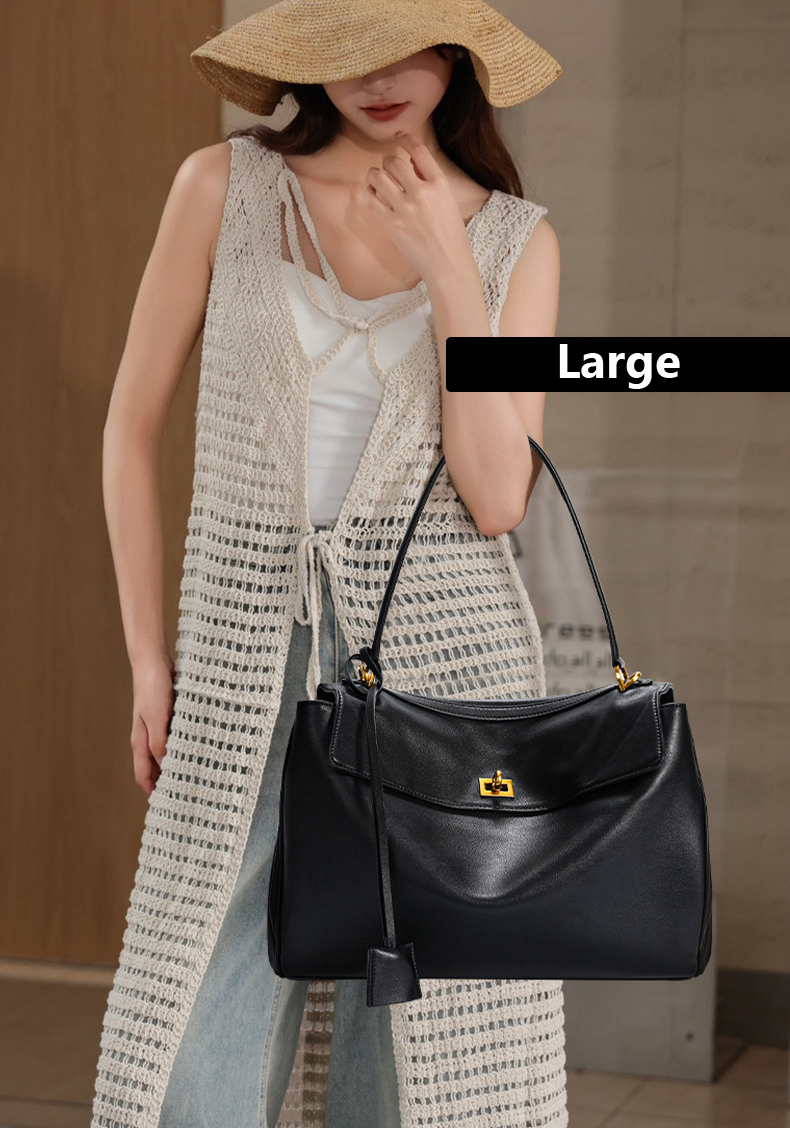 Model showcasing Premium Rodeo Genuine Leather Top Handle Tote Bag in Black (Gold-Tone Lock) – Large Size