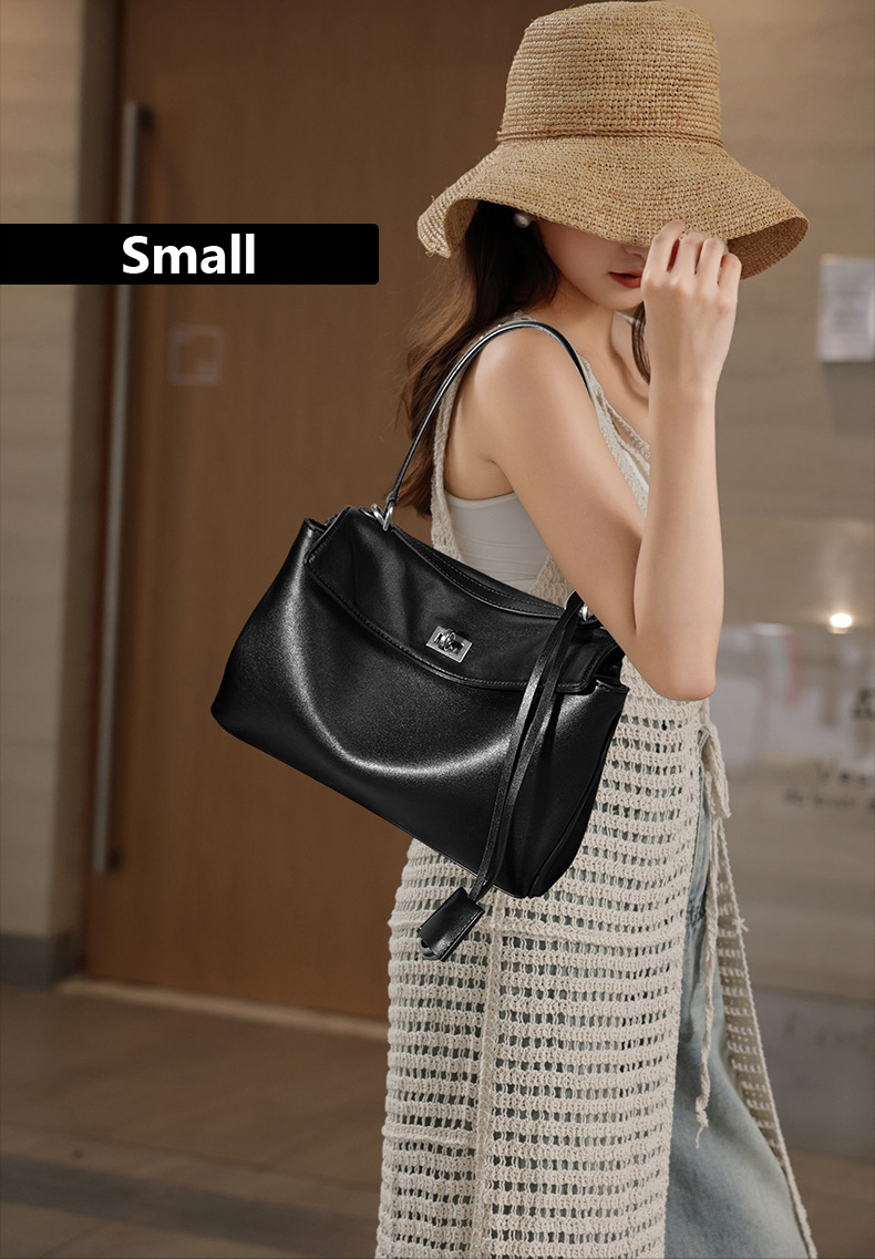 Model showcasing Premium Rodeo Genuine Leather Top Handle Tote Bag in Black (Gold-Tone Lock) – Small Size